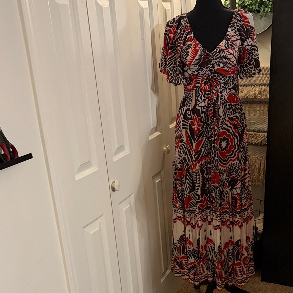 Anthropologie Red and Black Floral Maxi Dress